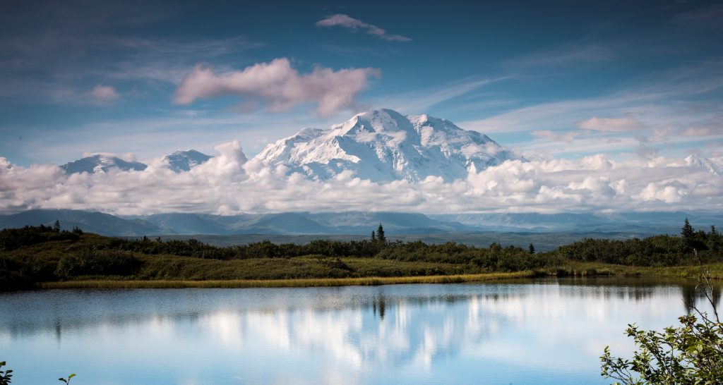 Denali reflects in pond, blue sky, partially cloudy