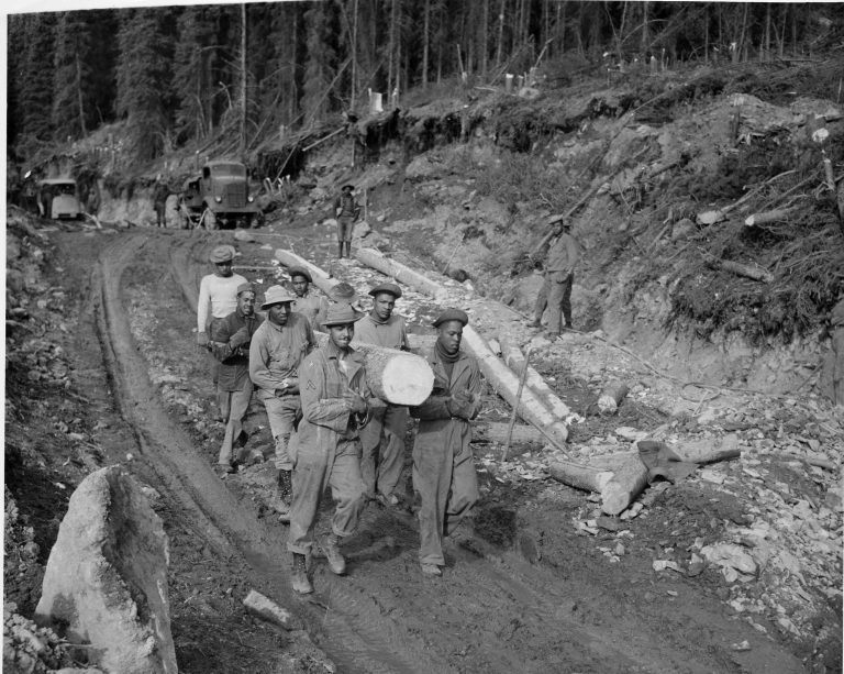 Black soldiers work together to haul logs down a cleared section of the road while building Alaska Highway