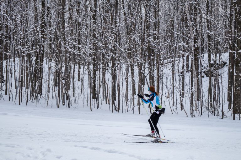 Excellent Trails for Cross Country Skiing near Fairbanks a red-haired woman cross country skiing along trail next to a stand of leafless trees